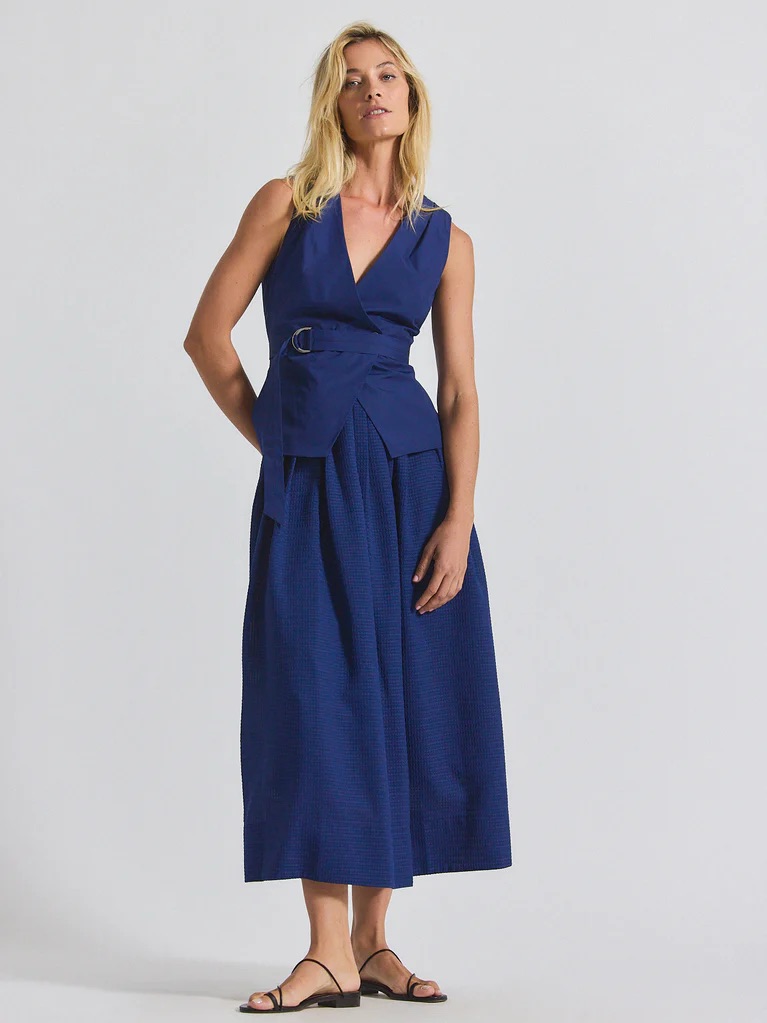$595 Derek Lam 10 Crosby Annika Mixed Media Belted Midi Maxi Dress Navy Blue 4